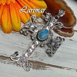 Larimar Cross Pendant Handmade Gemstone Crystal Silver Overlay Bohemian Large